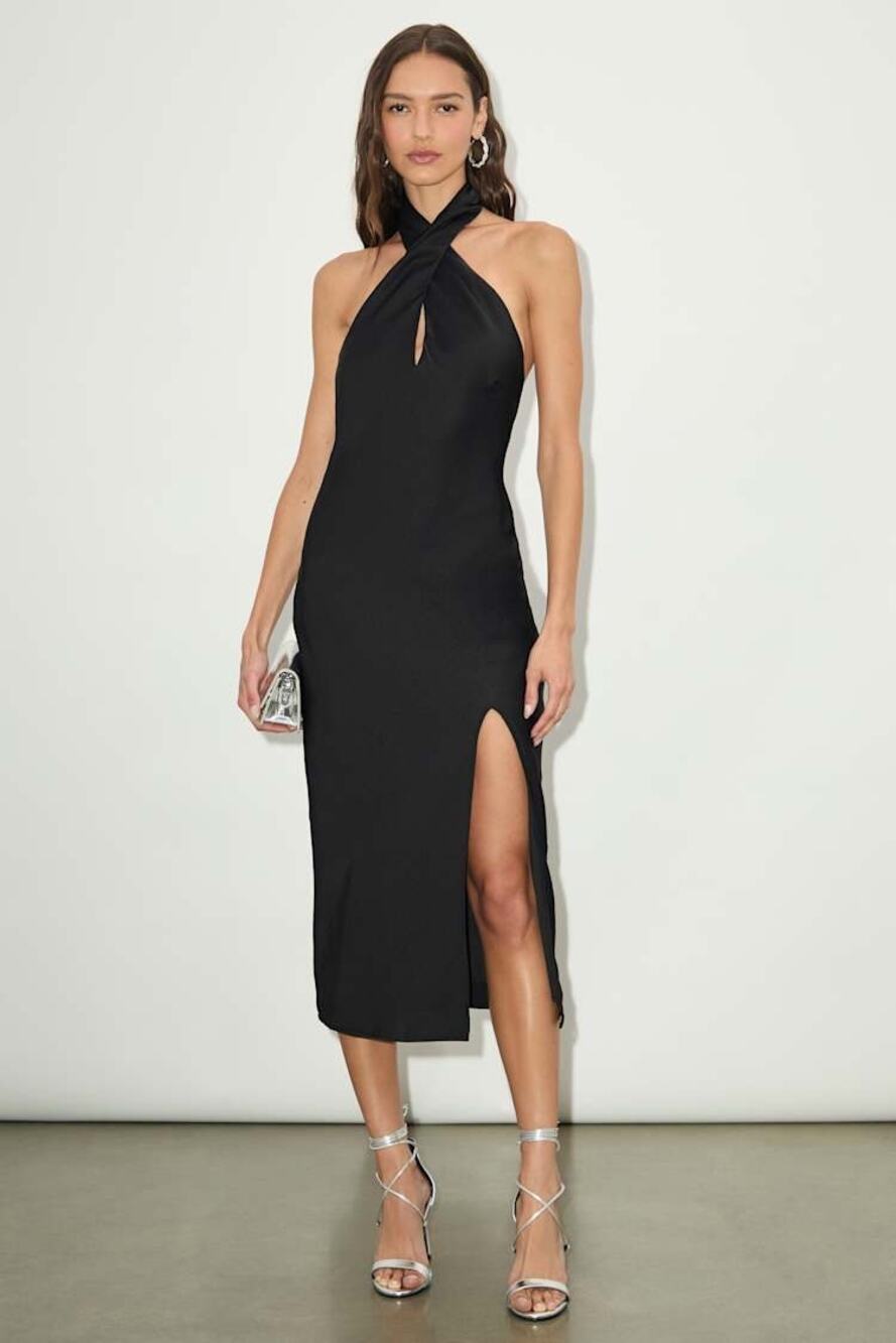NWT Lulus Beyond Classy Black Satin Halter Midi Dress Party Holiday Banquet Sz L